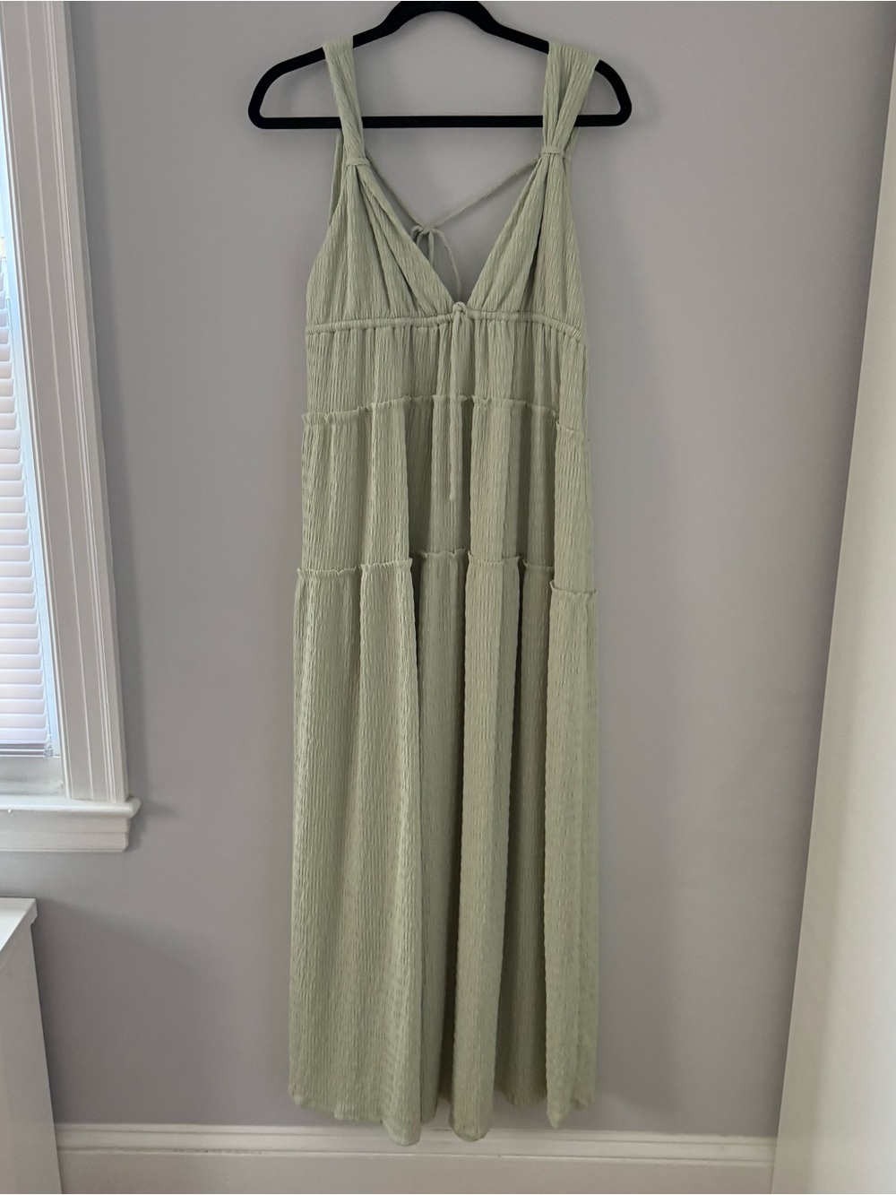 Free People Light Sage Tiered Maxi Dress with V-Neck and Tie Back
